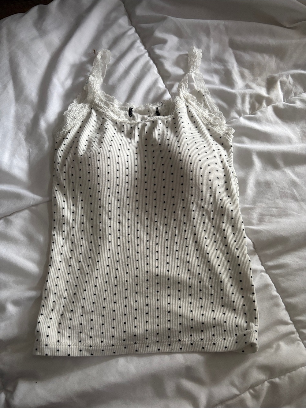 Urban Planet White Ribbed Lace-Trim Cami with Black Dot Print